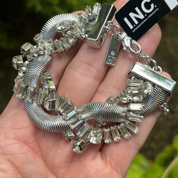 International Concepts Crystal & Snake Chain Twisted Flex Silver Bracelet By INC - Picture 3 of 8